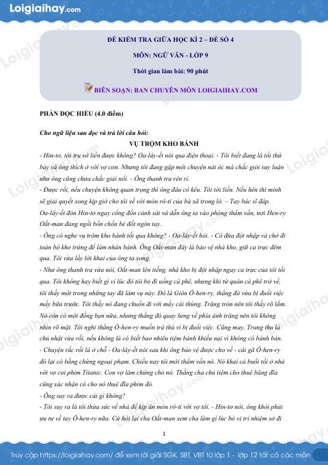 Đề thi giữa kì 2 Văn 9 - Đề số 4